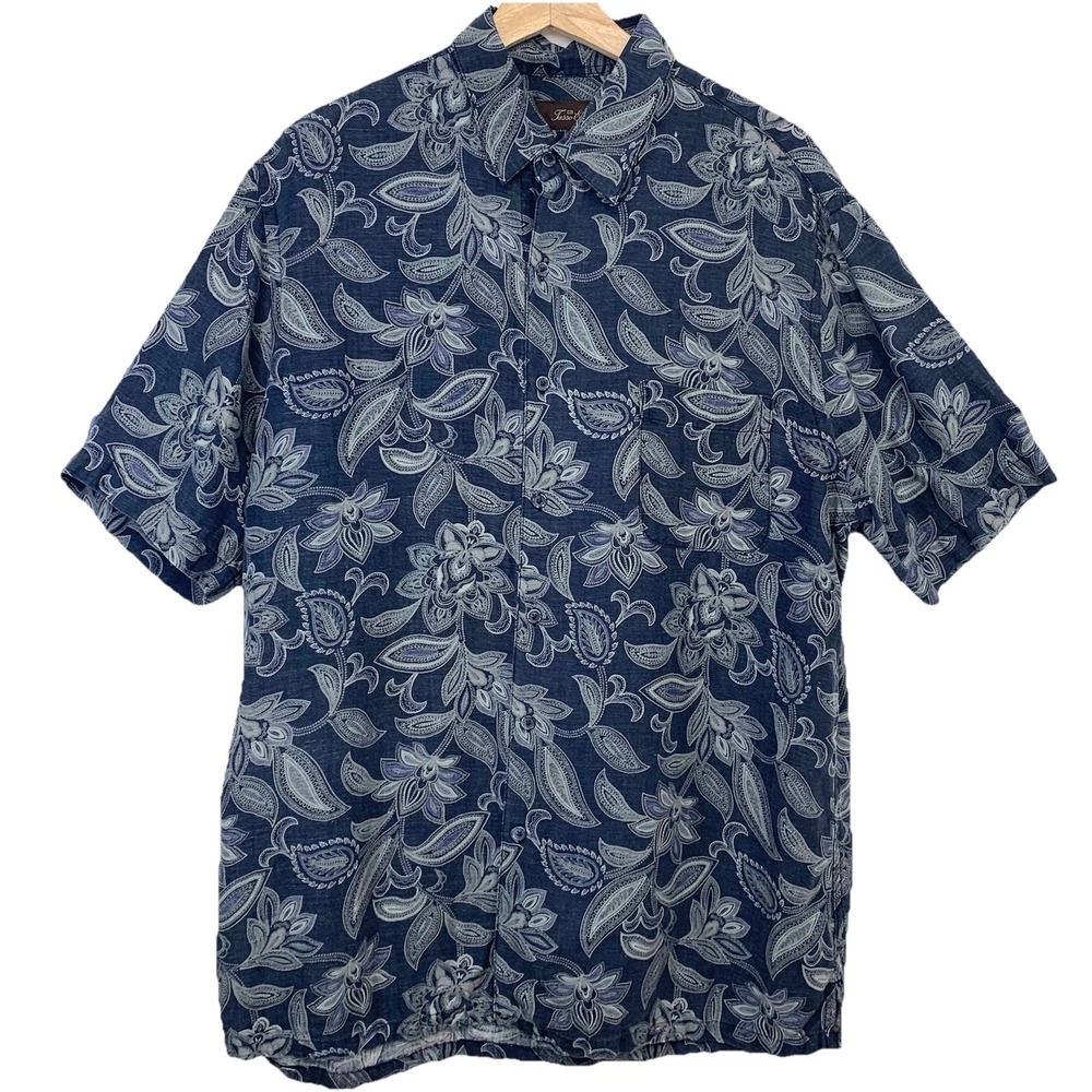 Tasso Elba Silk Linen Short Sleeve Shirt Men Large Blue Floral Print Vacation
